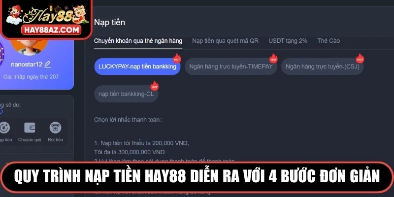 Quy trình nạp tiền HAY88  diễn ra với 4 bước đơn giản, tiện lợi